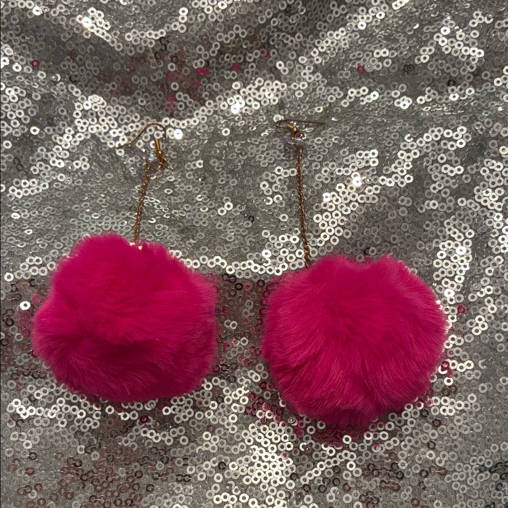 Fuzzy Hot Pink Pom Pom Earrings